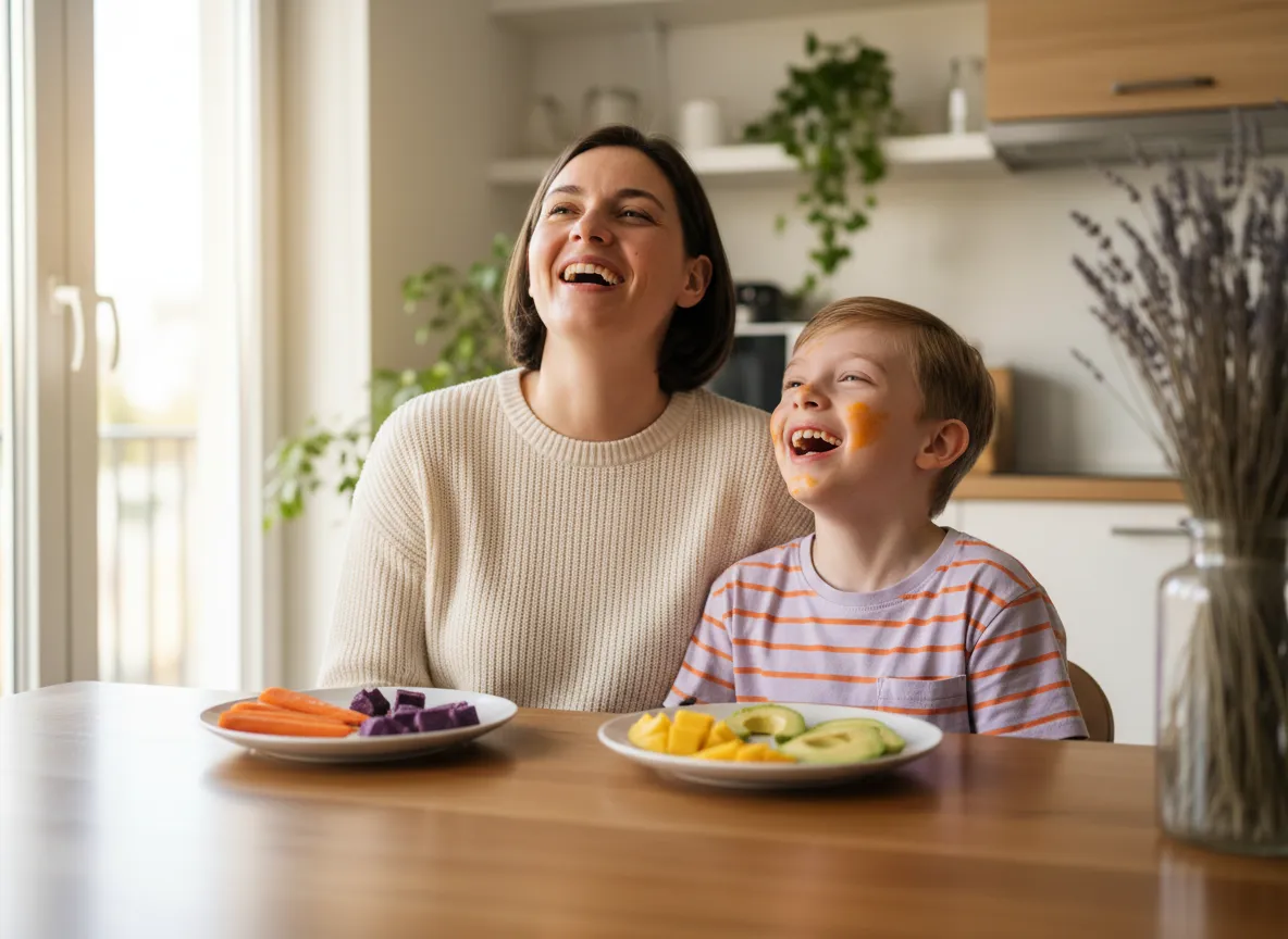 Parent and autistic child laughing together during a playful meal