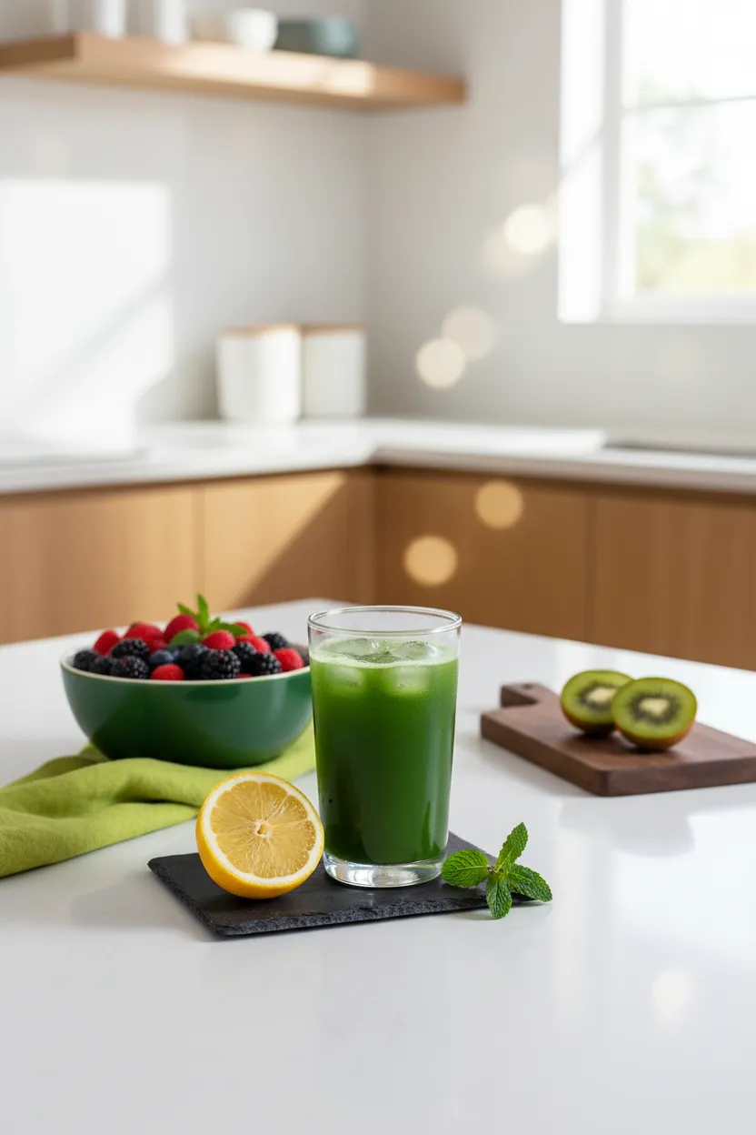 Healthy morning routine with fresh green juice and sunlight