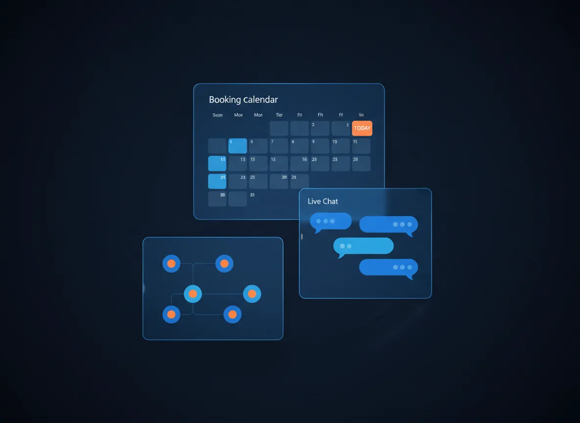 Phoebie Growth Systems UI preview showing booking calendar, chat interaction, and system flow