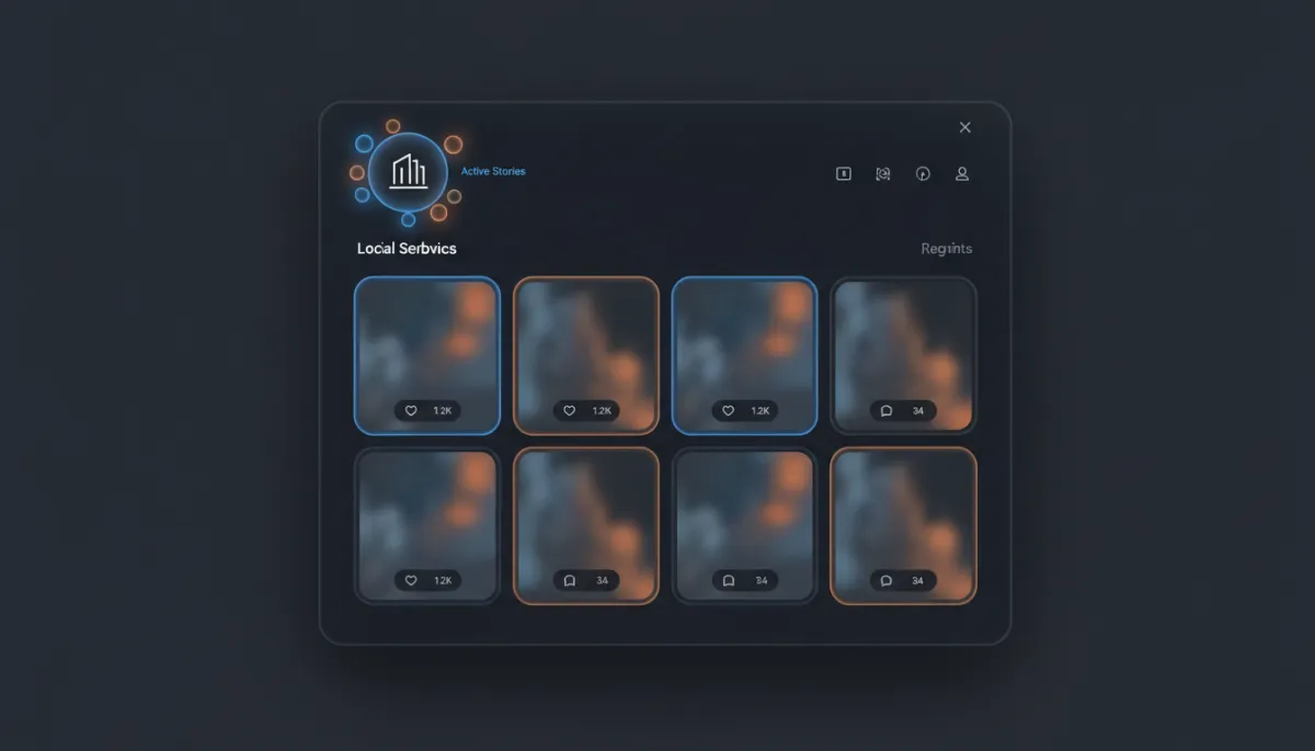 Social media management UI showing posts, engagement, and active profile