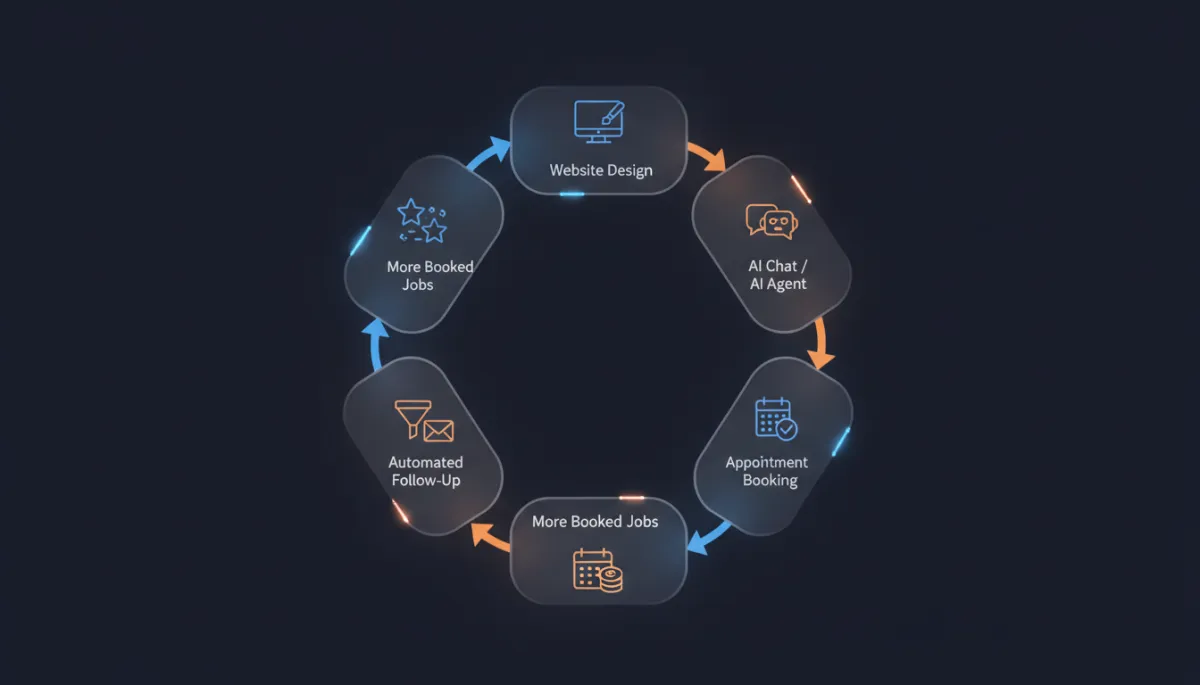 Phoebie Growth System visual flow from website to booked jobs