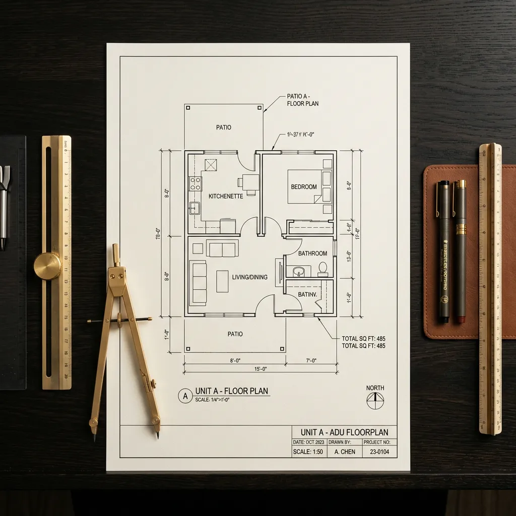 Architectural line drawing and custom ADU floorplan blueprint with precise dimensioning