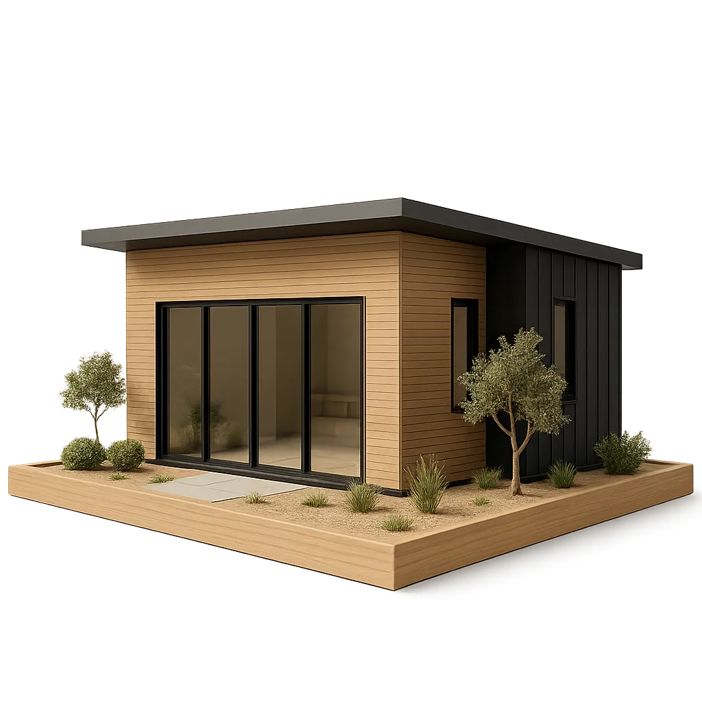 Architectural rendering of a modern Los Angeles accessory dwelling unit with clean structural lines