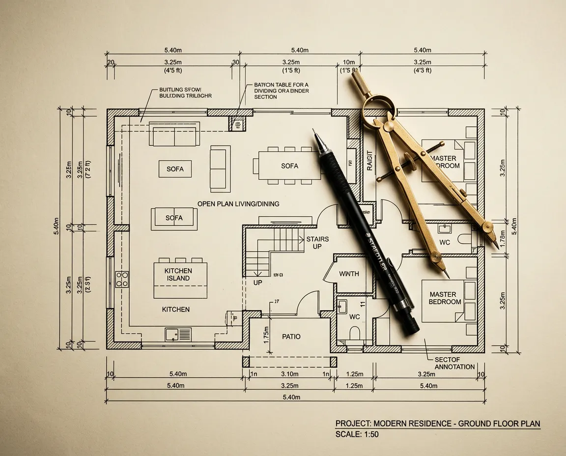 Architectural line drawing and custom ADU floorplan blueprint schematic