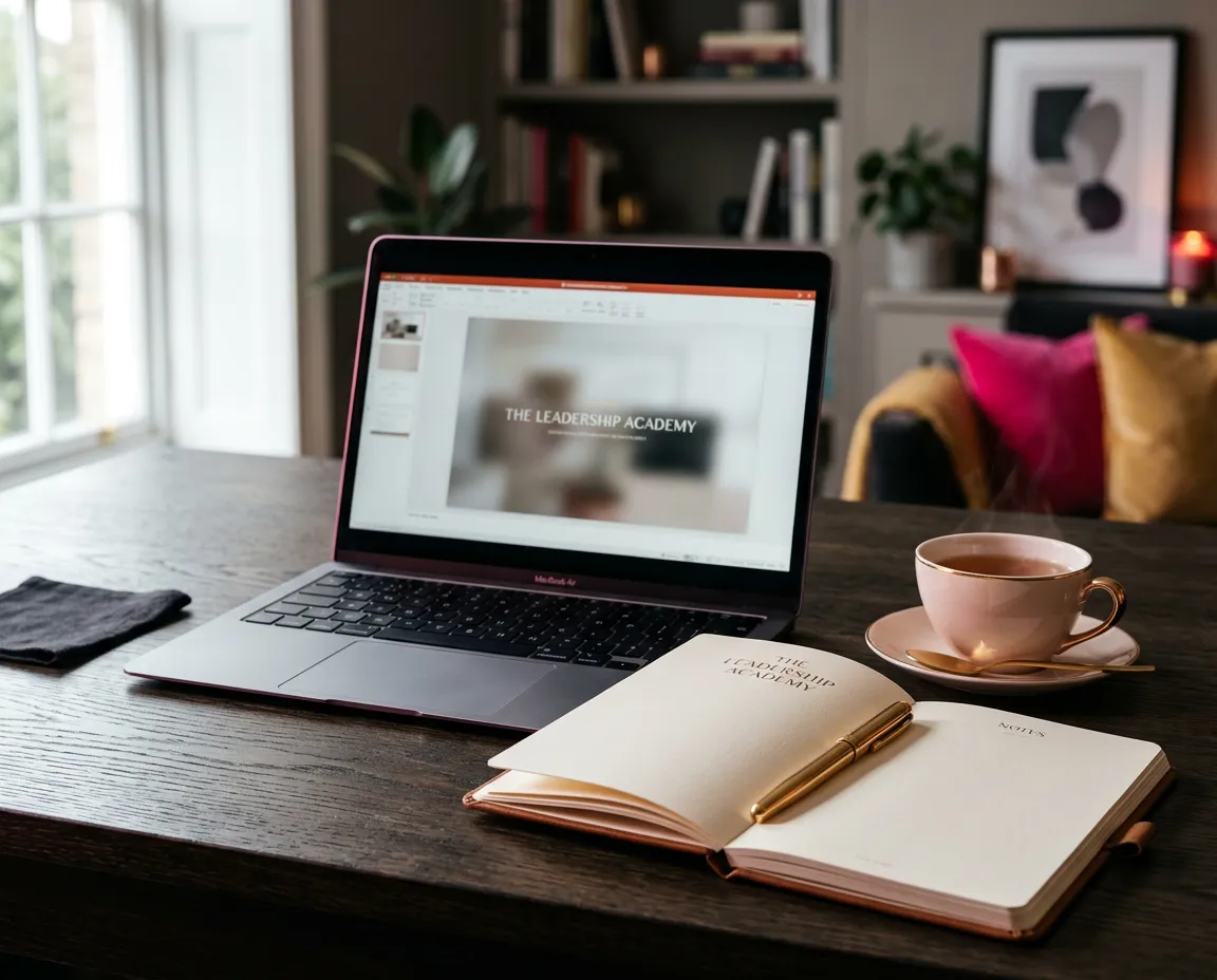 Luxury virtual masterclass studio workspace setup with editorial aesthetic