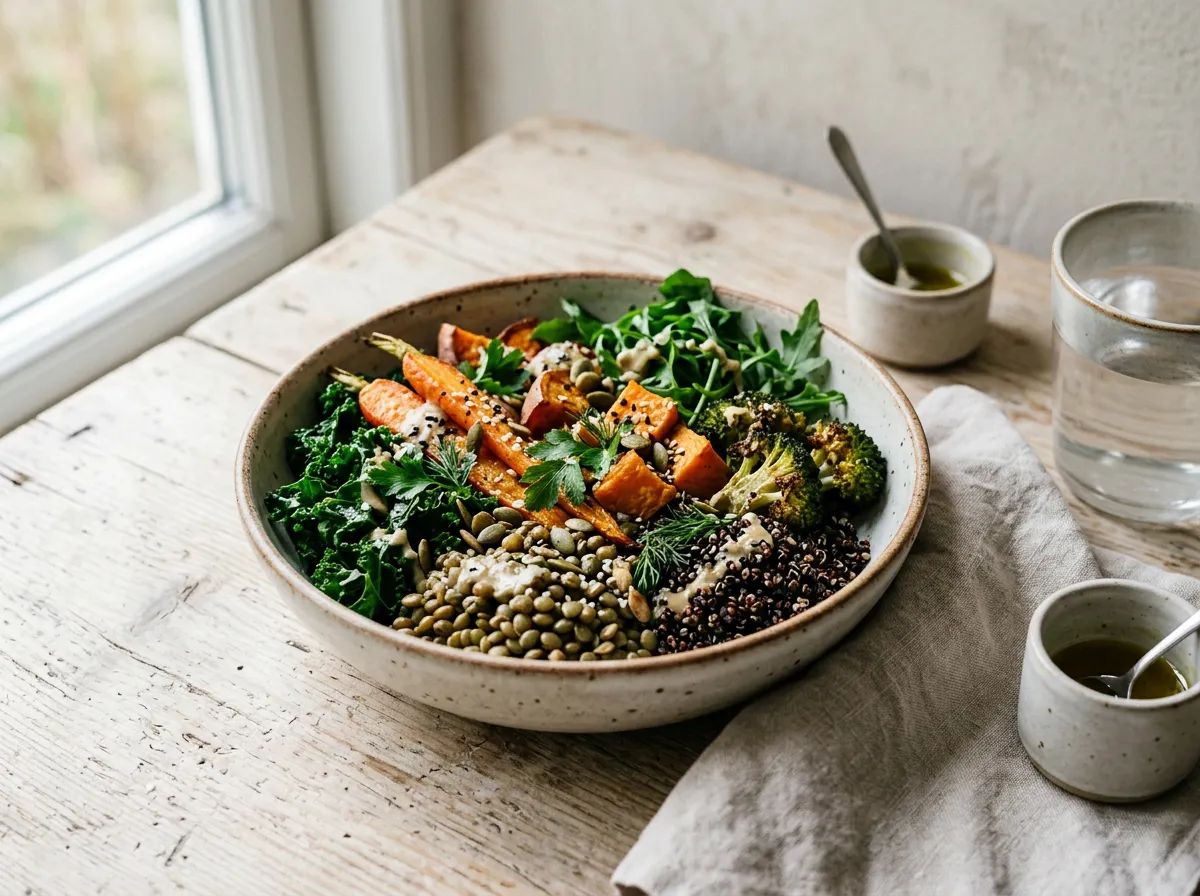 Editorial whole-food meal bowl with roasted vegetables, greens and grains