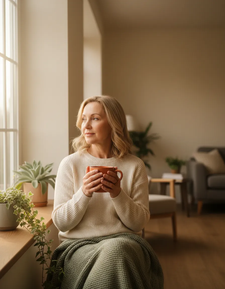 Woman experiencing midlife transition looking thoughtful in soft natural light