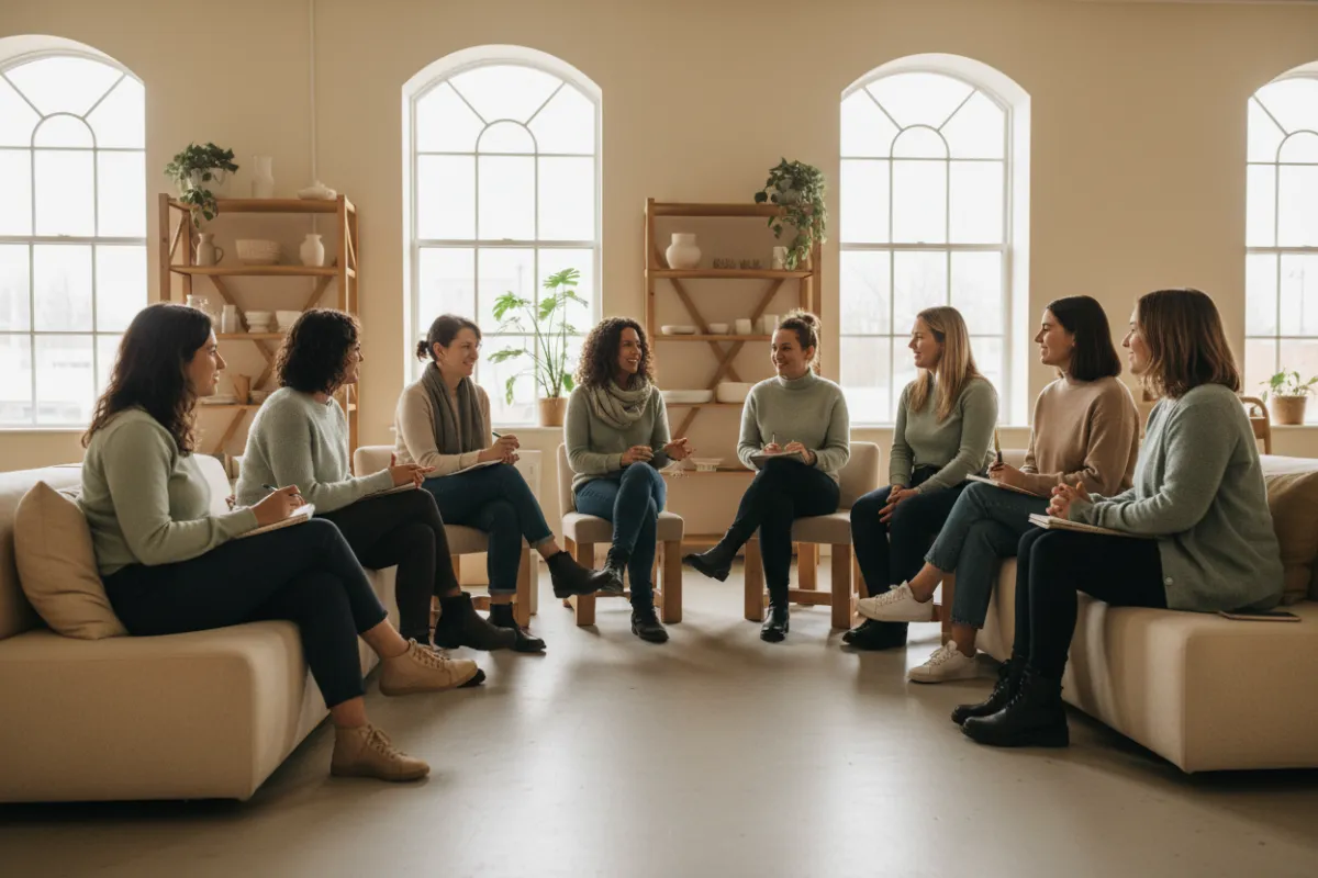 Women connecting in a group support workshop