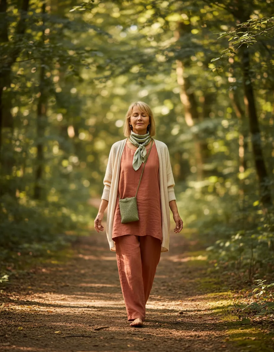 A serene midlife woman practicing mindful movement
