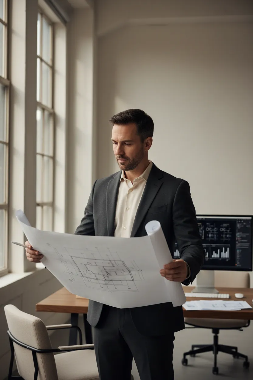 Lead consultant reviewing plans in a bright studio