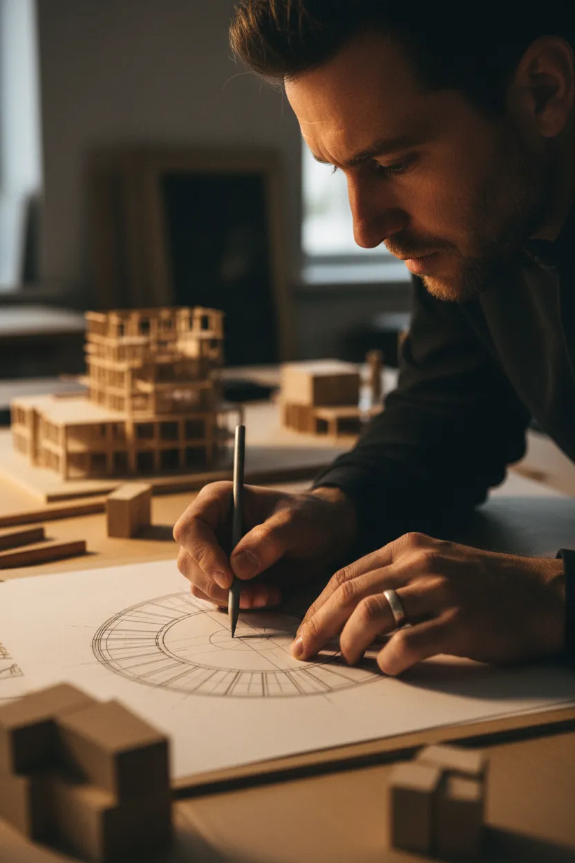 Lead consultant reviewing plans in a bright studio
