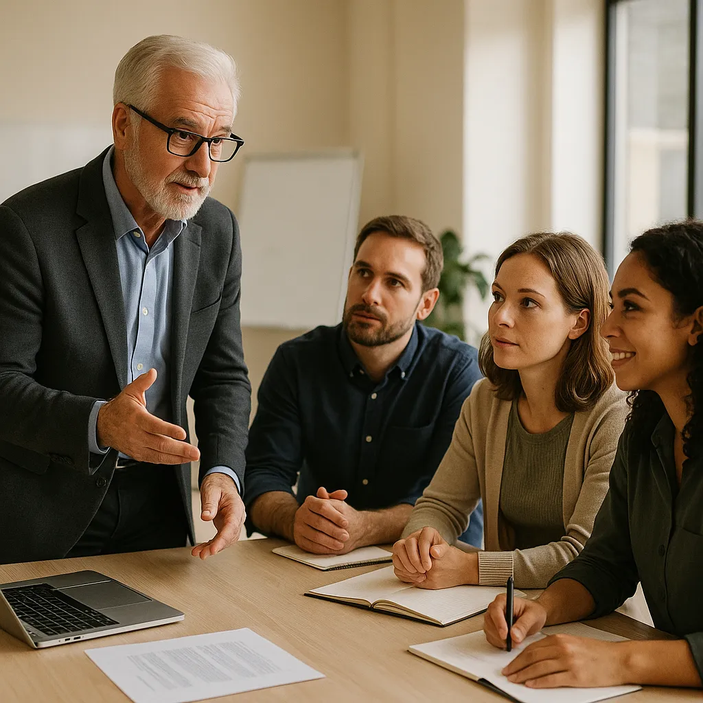 Senior trainer leading a professional workshop with engaged adult learners in a modern training room.
