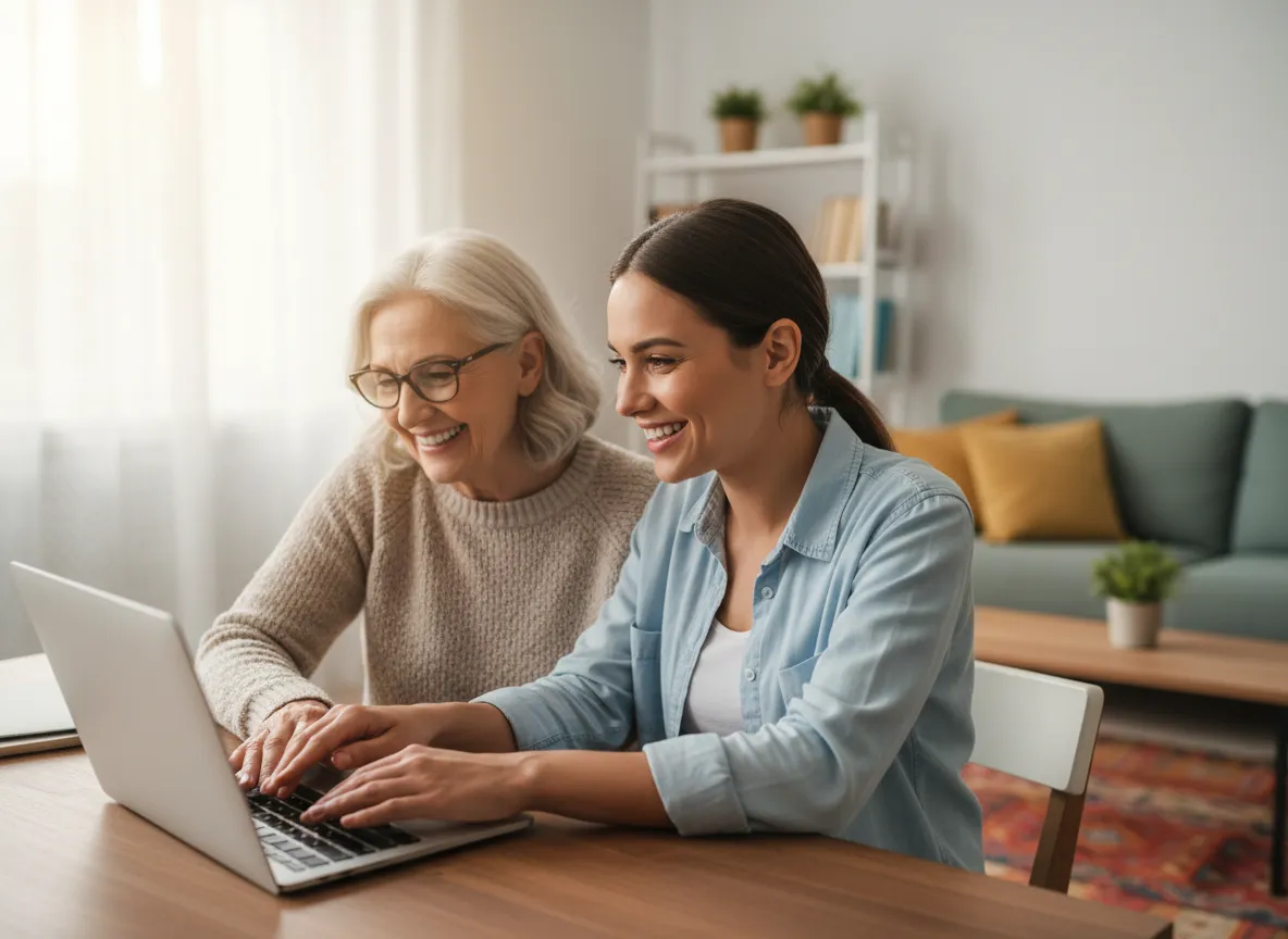 Friendly tech support helping a senior citizen use a computer