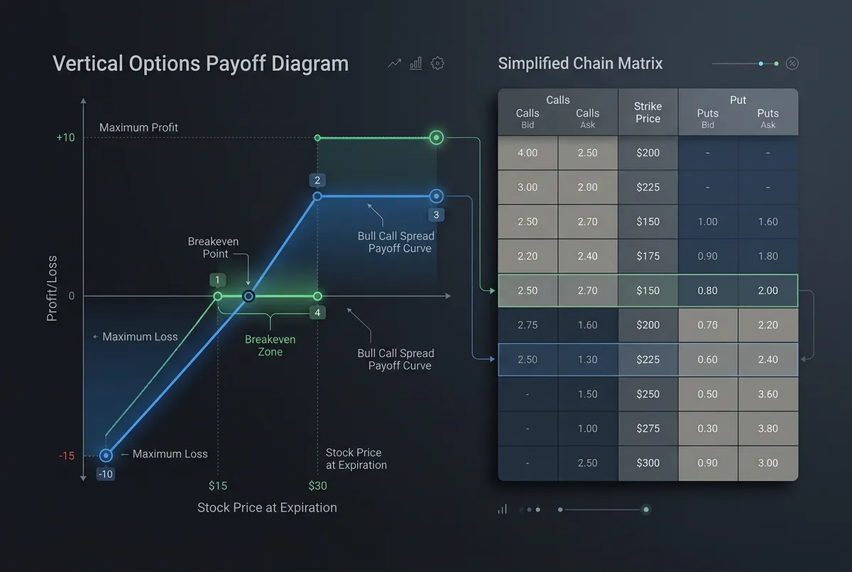 Options vertical spread payoff diagram and options chain matrix interface mockup