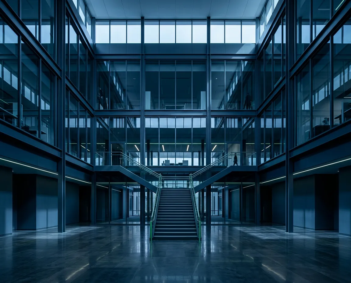 Modern institutional architectural glass interior representing proprietary trading discipline and transparency