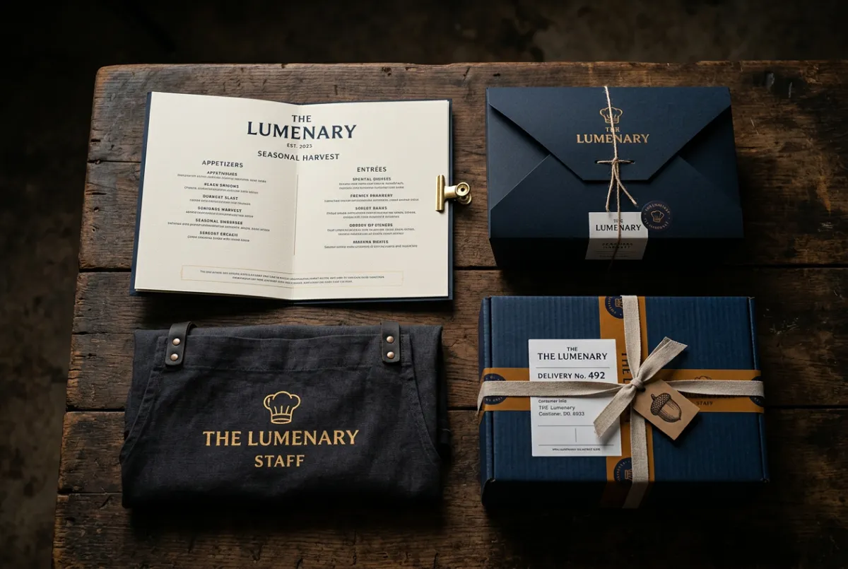 Premium restaurant branding collateral showcase with menu design and packaging