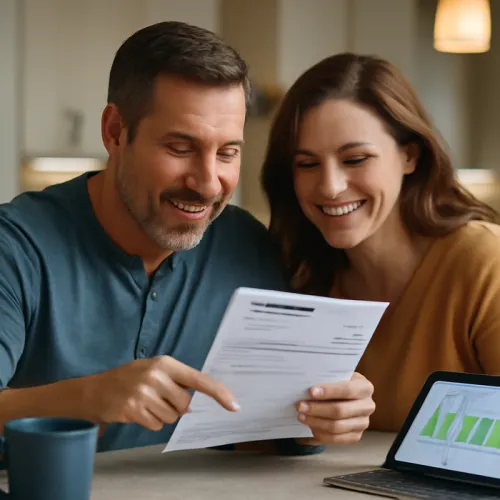 Couple reviewing energy savings documents