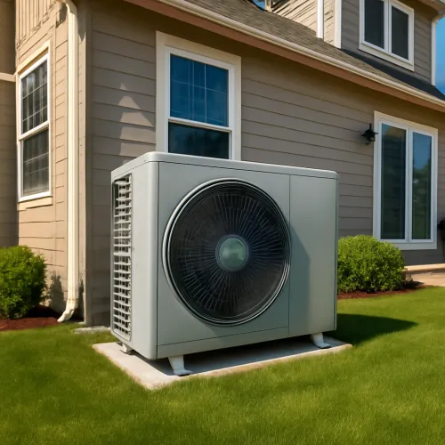 Outdoor heat pump unit next to house