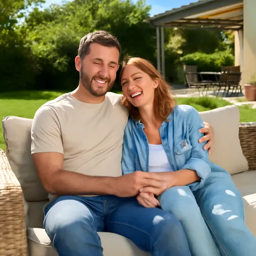 couple relaxing in backyard