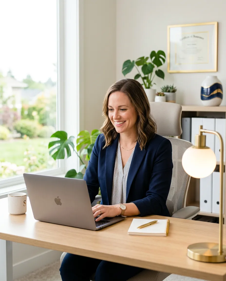 Successful remote life insurance advisor smiling with laptop in a modern home office