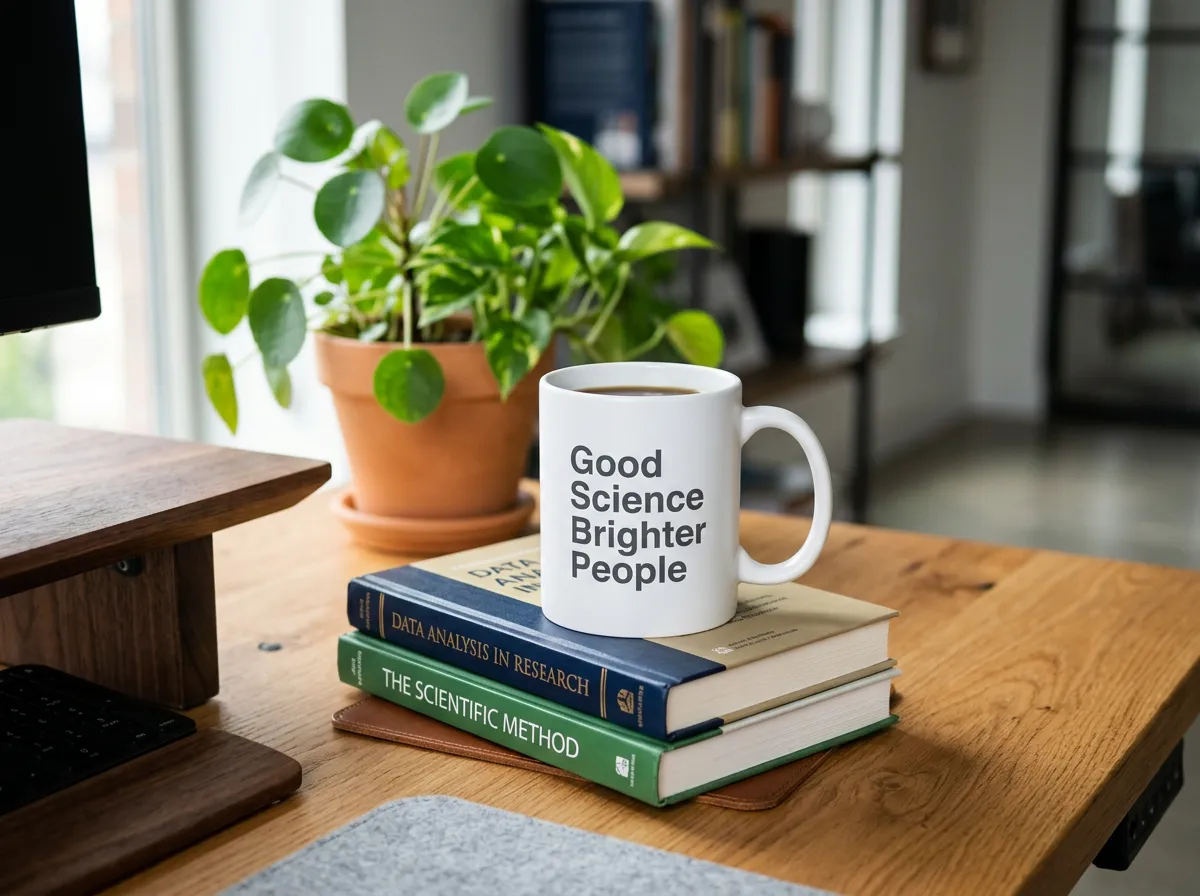 A white coffee mug reading 'Good Science Brighter People' resting on a stack of two books on a wooden desk, with a blurred green plant in the background.