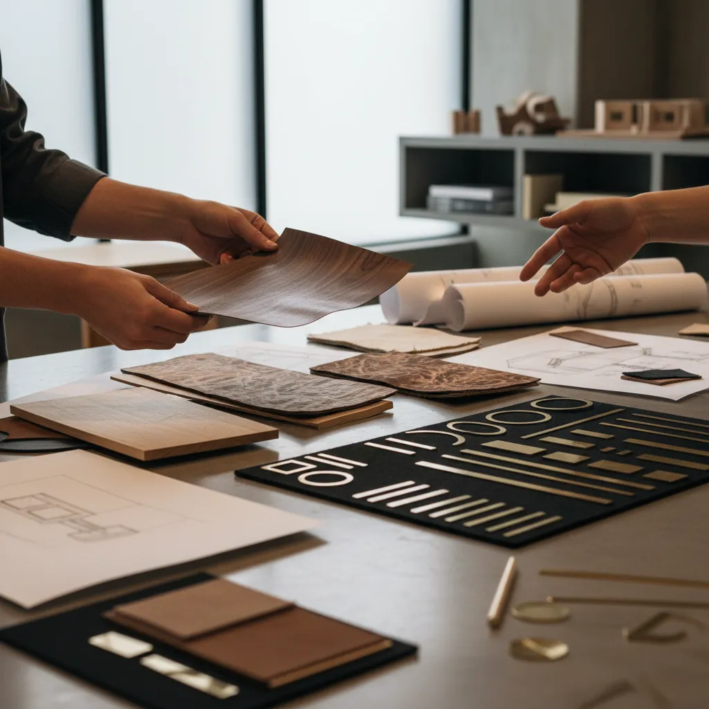A close-up of hands selecting rare wood veneers and brass inlays on a design table, with sketches and material samples, in a softly lit, modern studio. 1:1 aspect ratio.