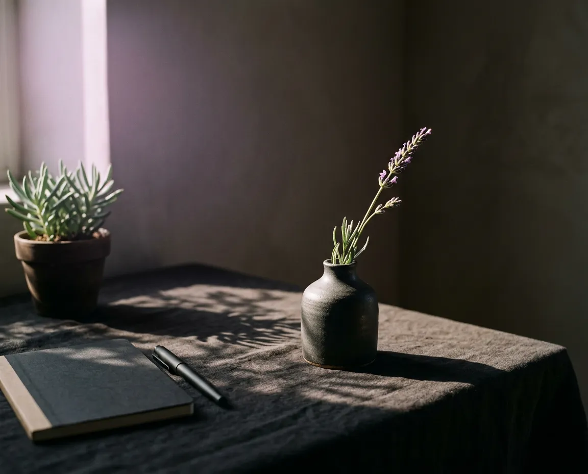 A serene, sunlit desk corner with a single sprig of lavender in a ceramic vase and soft morning light