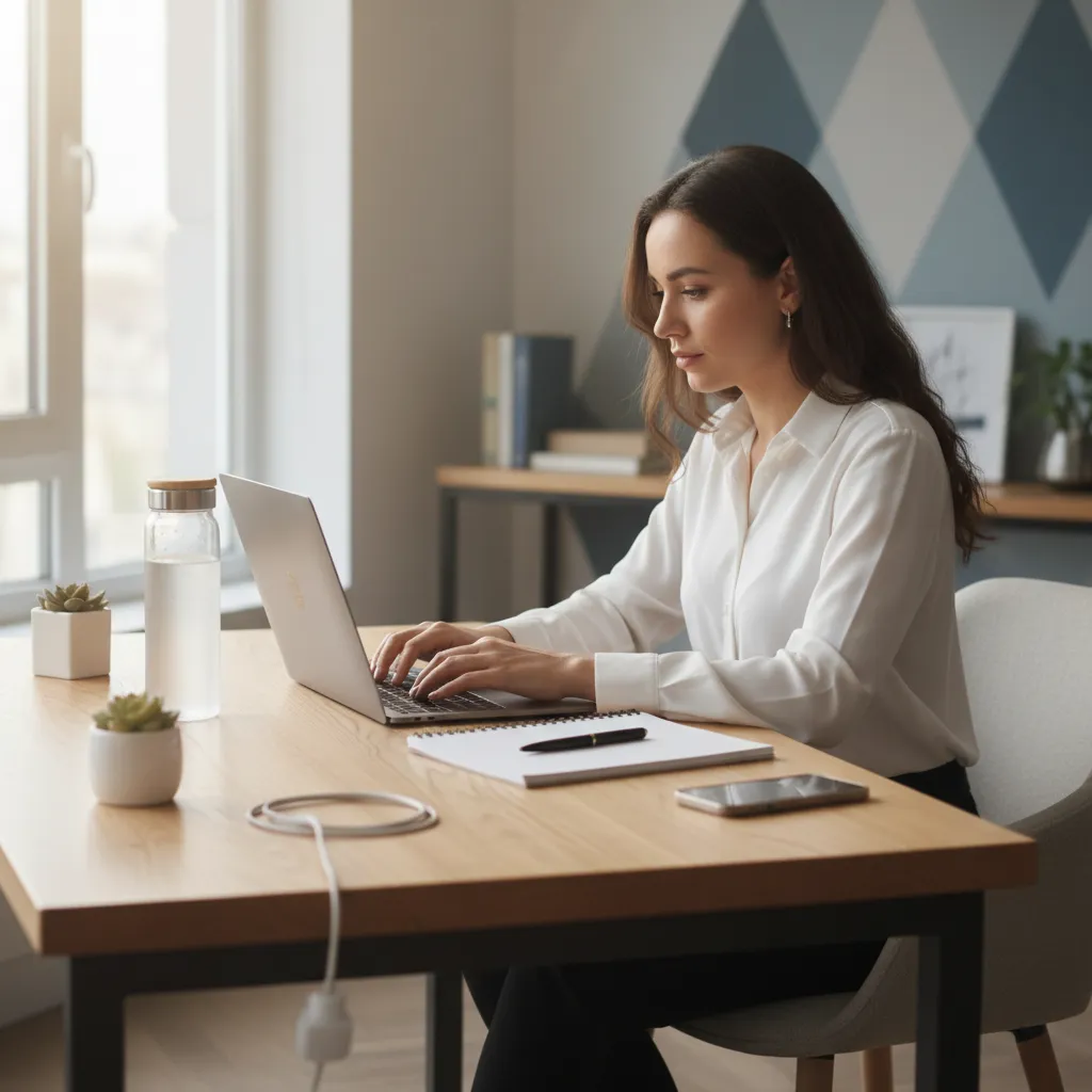 Azi sits at a modern desk, typing on a laptop, with a water bottle and notepad nearby. The workspace is bright and organized, conveying approachability and readiness to assist new clients.