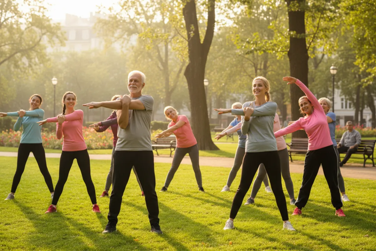 A diverse group of adults, including seniors and young adults, perform a group stretch in a sunlit park. The scene radiates inclusivity, encouragement, and a sense of community, with everyone smiling and engaged in the activity.