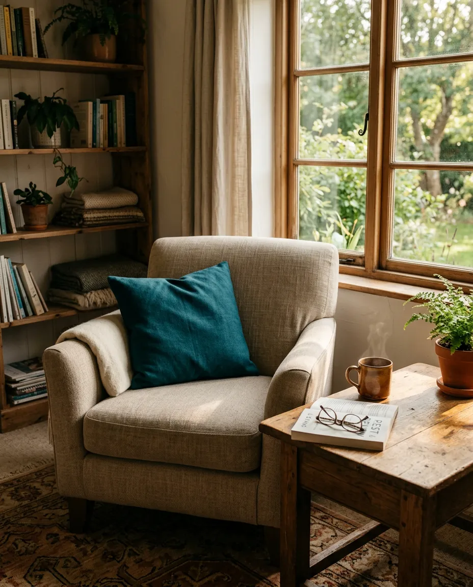A quiet, sunlit reading corner with a comfortable armchair and warm daylight entering through a window in a peaceful recovery home