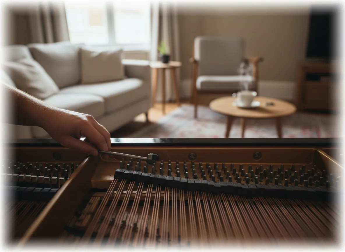 Piano tuner working carefully inside an upright piano in a warm, homely room