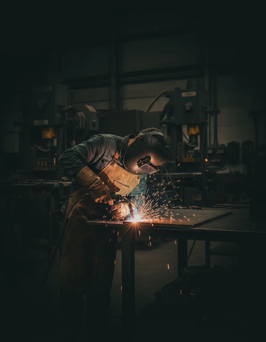 Editorial shop floor fabrication showing precision steelwork