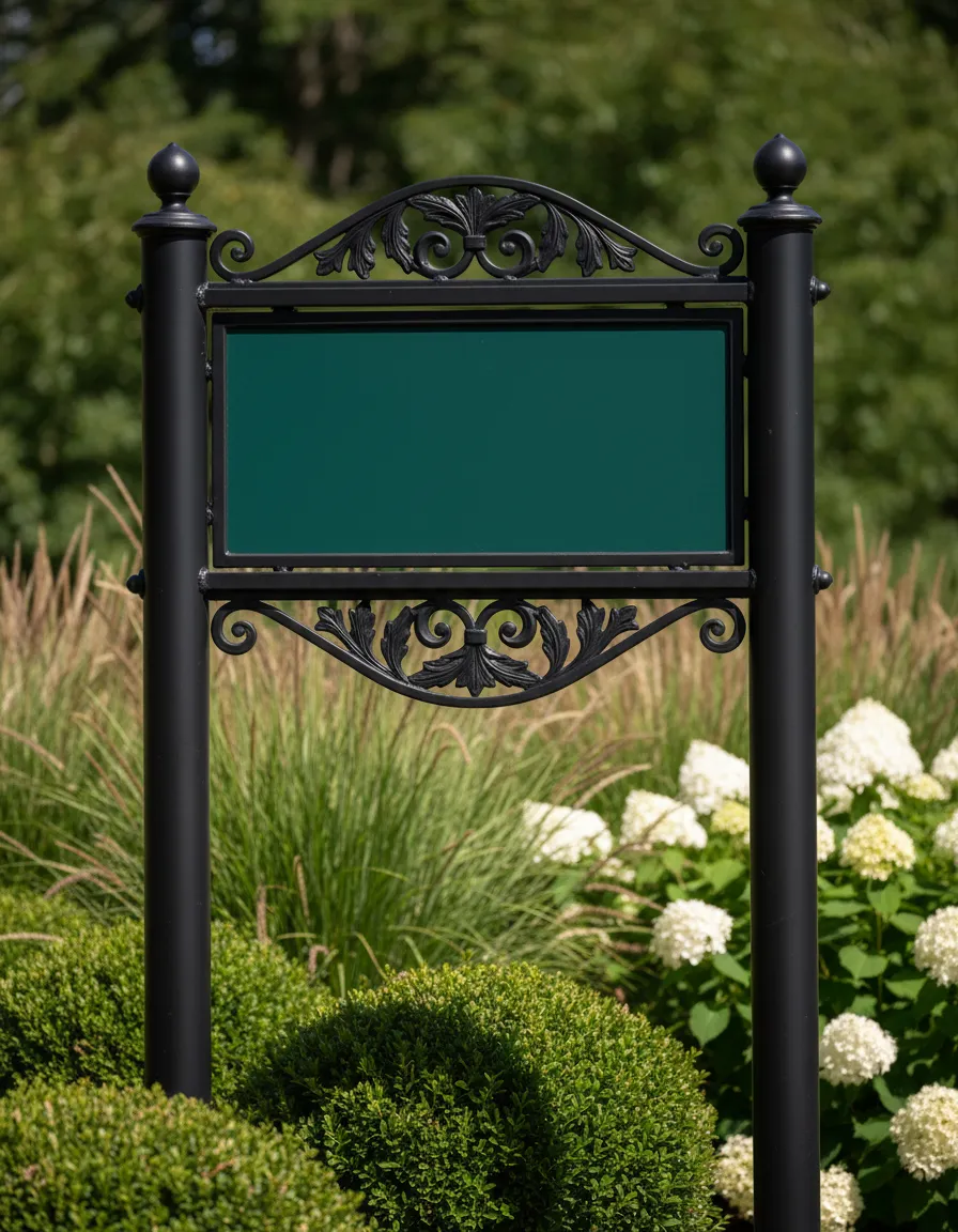 Distinctive custom street signs defining a residential entrance