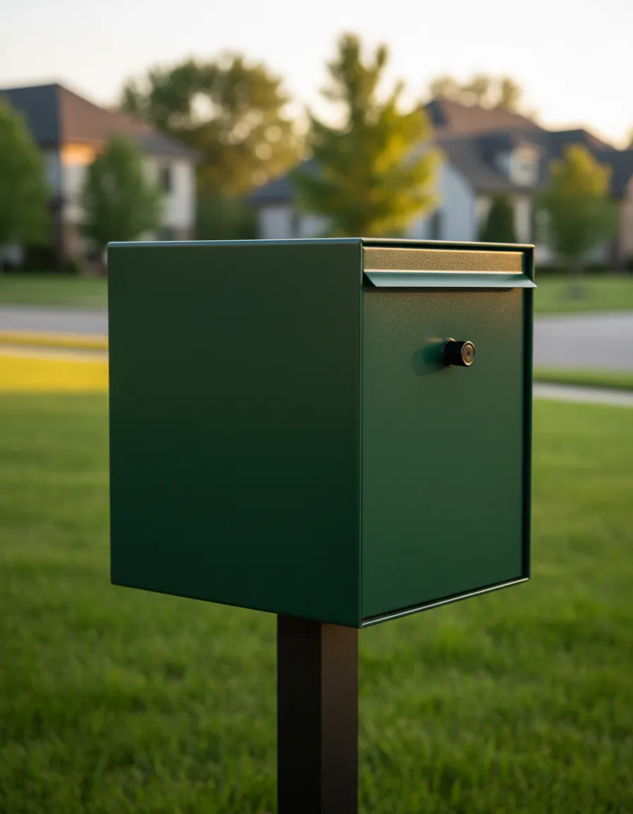 Custom decorative steel mailbox system installed in a neighborhood