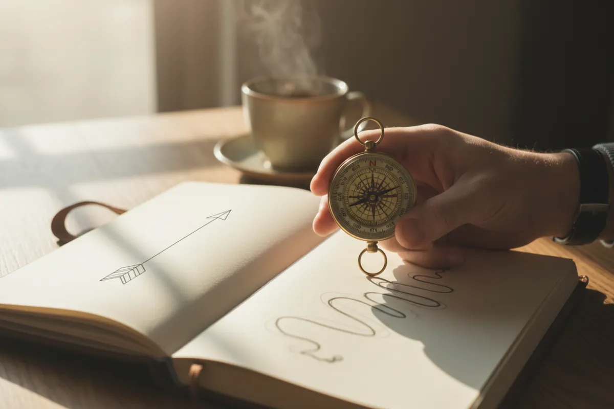 A close-up of a hand holding a compass over an open journal, symbolizing direction and clarity. The background is a wooden table with a cup of tea and soft morning light. The image is styled with a gentle, motivational tone and natural colors.