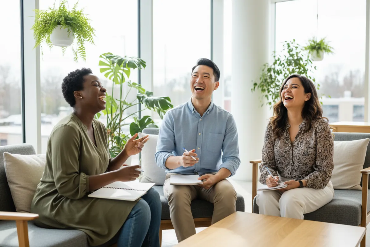 A diverse group of three adults, two women and one man, sit together in a bright lounge, laughing and sharing their experiences. They appear relaxed and supportive, each holding a notebook. The setting is modern, with large windows and greenery. The style is candid and uplifting.