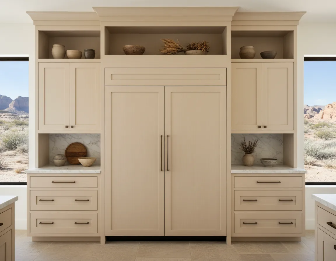 Custom chef-grade cabinetry in warm off-white tones