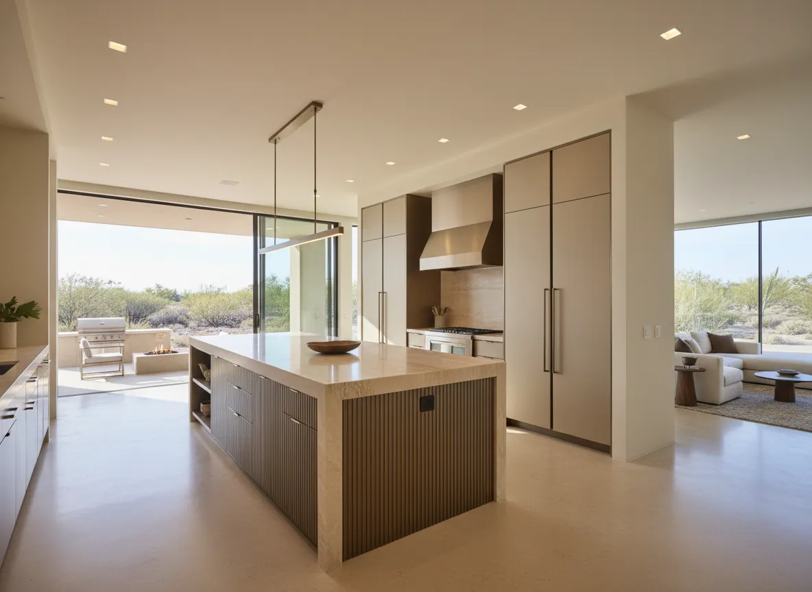 Open concept desert contemporary kitchen with large island and warm tones