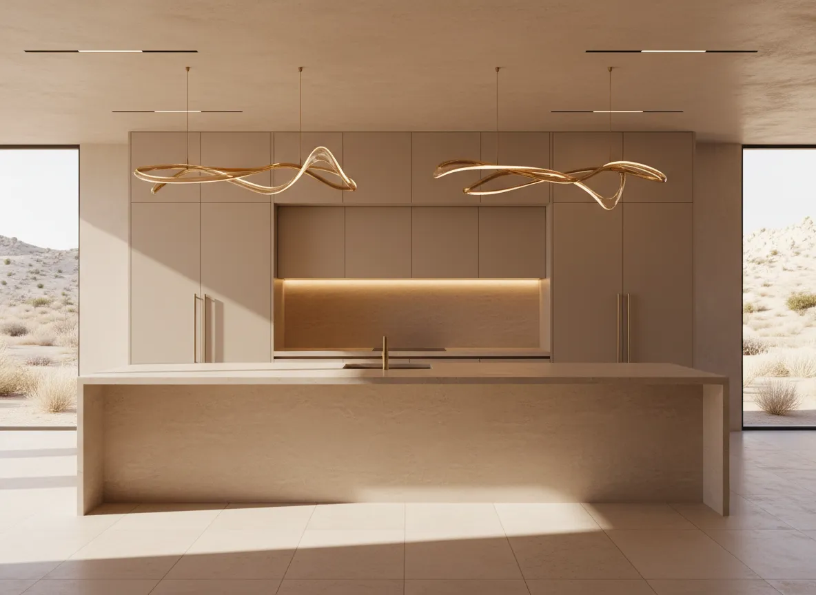 After photo of an open modern kitchen with large island and minimalist finishes