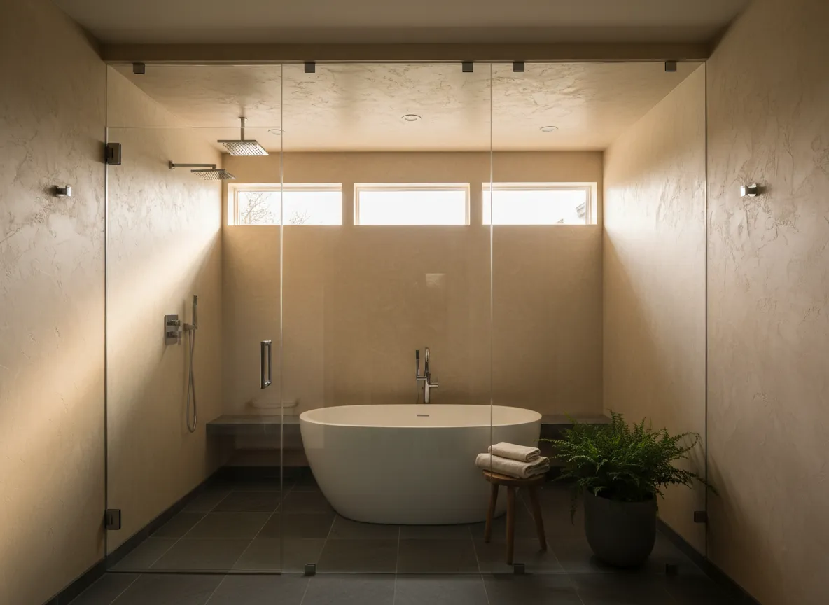 After spa-level bathroom with walk-in shower and minimalist finishes
