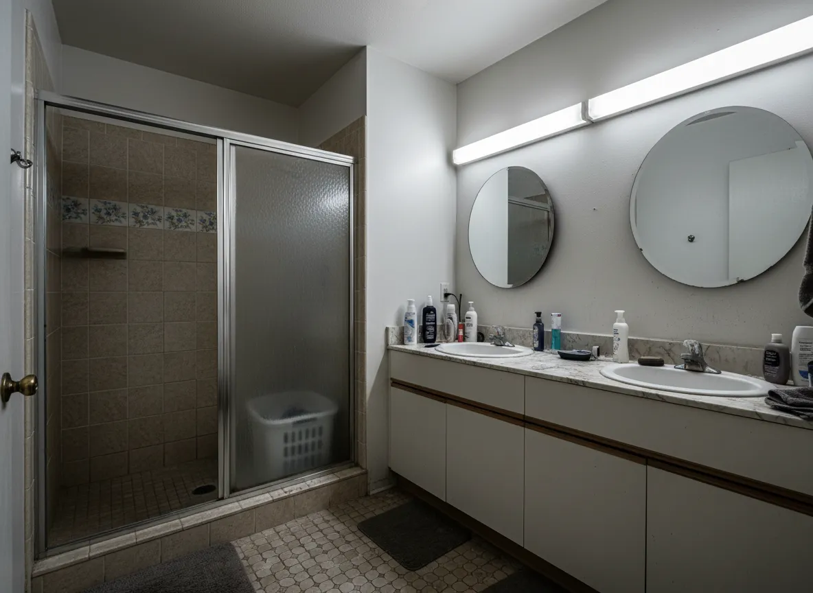 Before primary bathroom with dated tile and fixtures