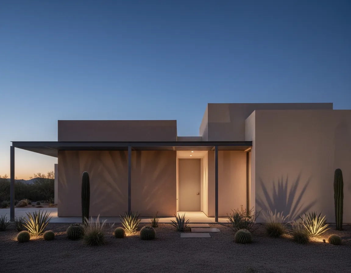 After exterior of a modern minimalist desert home