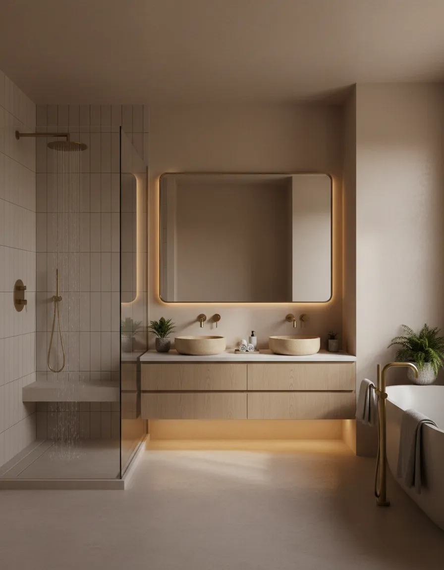 Spa-level master suite with minimalist finishes and warm lighting