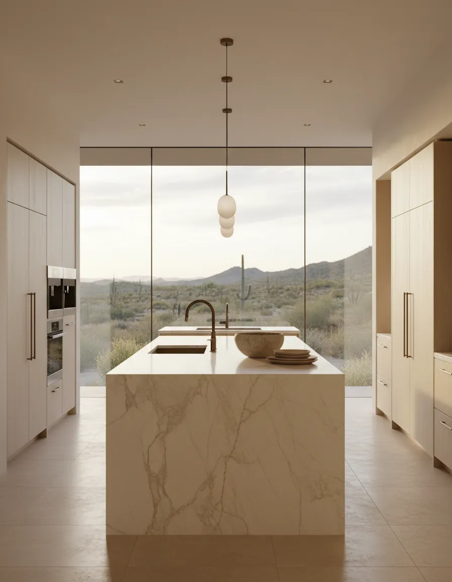 Desert luxury inspired Scottsdale kitchen with champagne tones and warm lighting