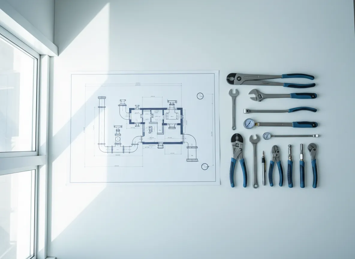 Modern plumbing blueprints and specialized tool kit on a clean work surface
