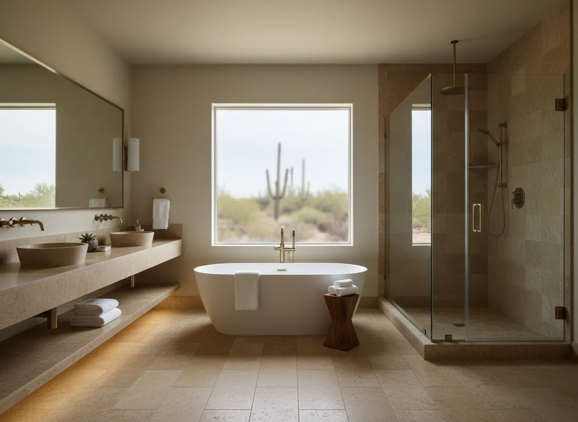 Serene spa-inspired Scottsdale master bathroom with freestanding tub and desert tones
