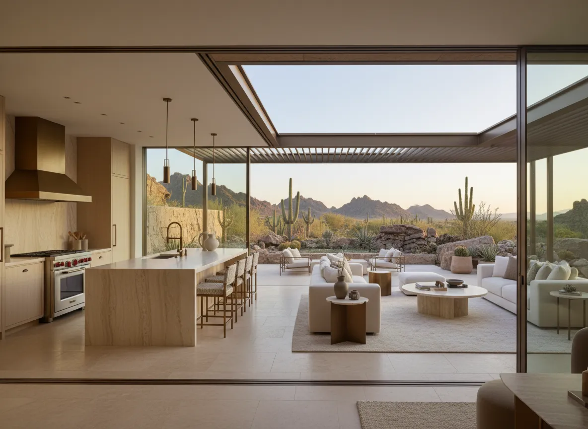 Open concept kitchen looking out to desert landscape