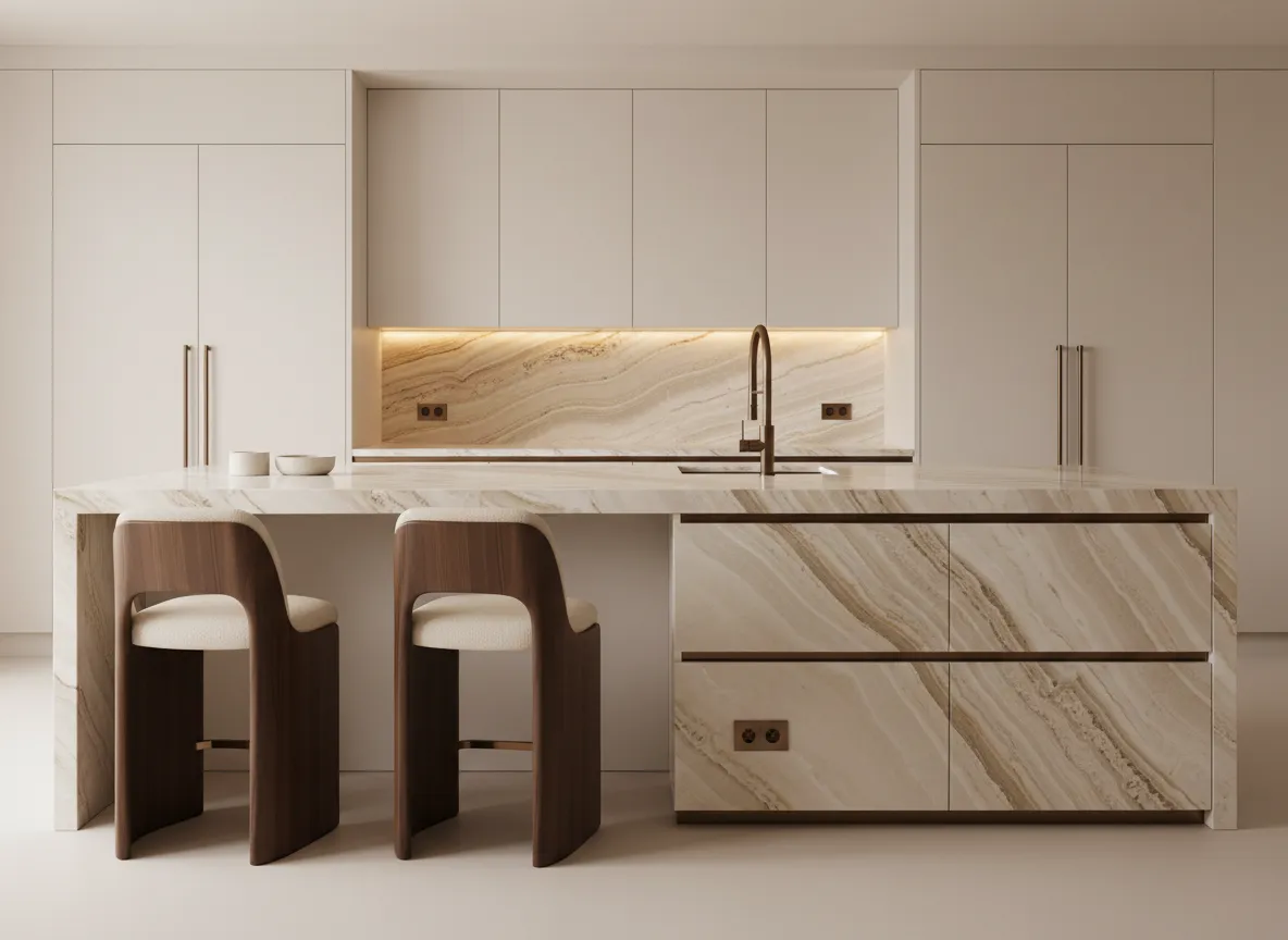 Luxury kitchen island with waterfall stone and bronze fixtures