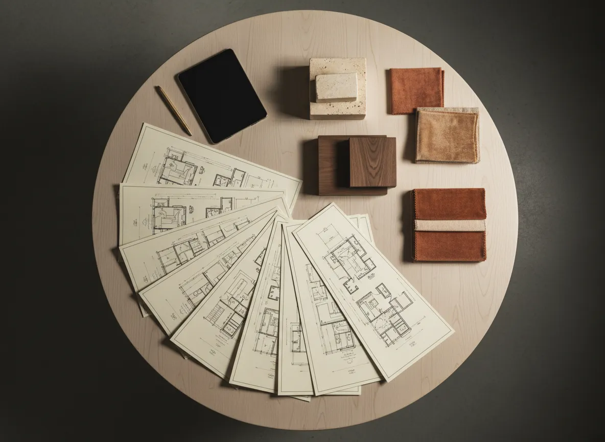 Architectural plans and material samples on a table