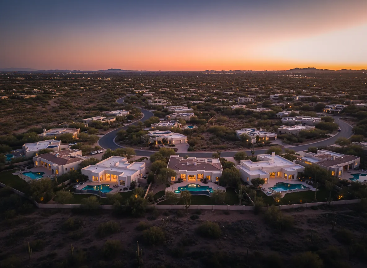 Aerial view of Scottsdale luxury neighborhoods like DC Ranch and Gainey Ranch at sunset